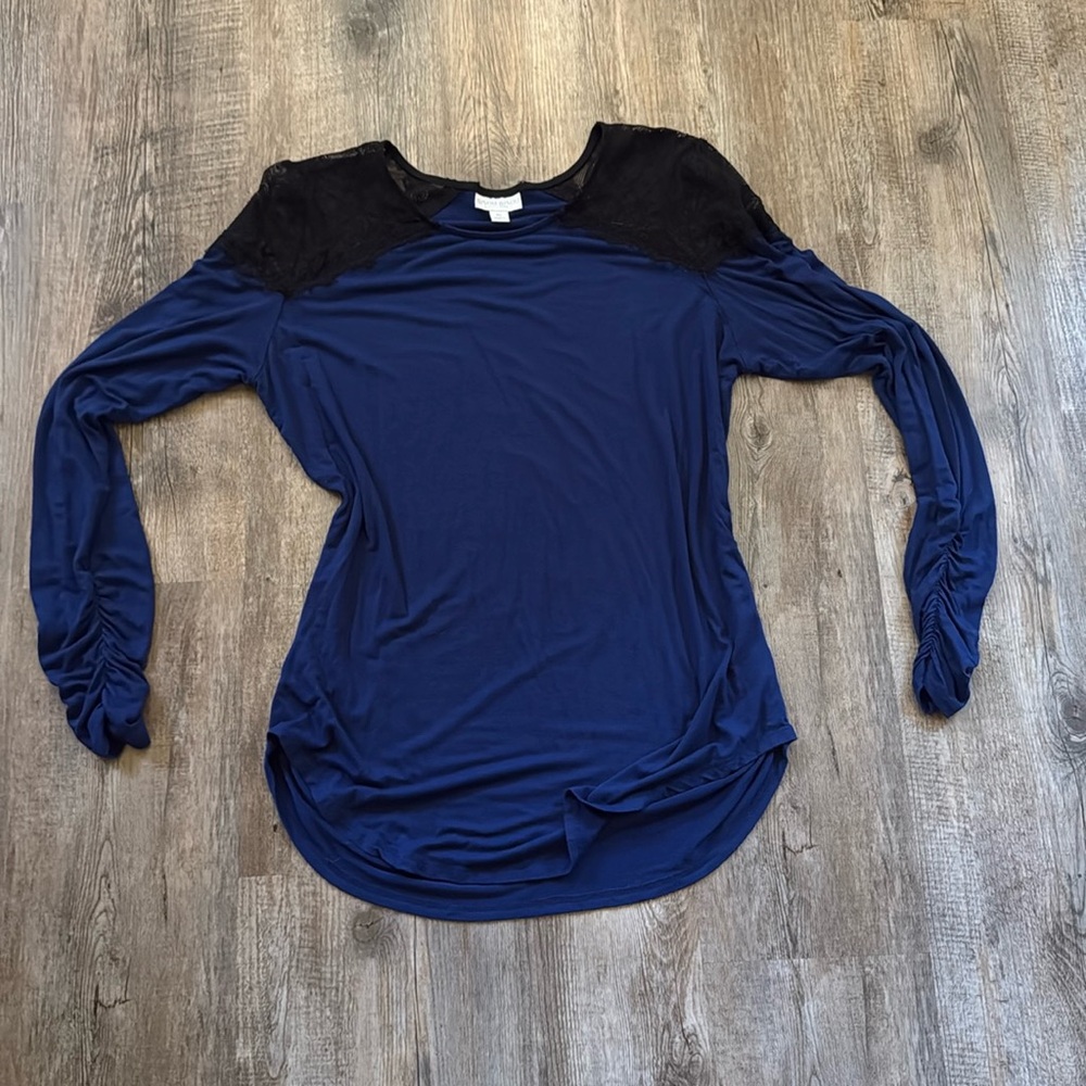Bisou Bisou Women's Royal Blue Lace shoulder ruching on long sleeves & waist Top